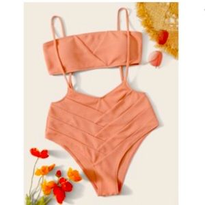 Peach Two Piece High Waisted Swimsuit — Suspender Style